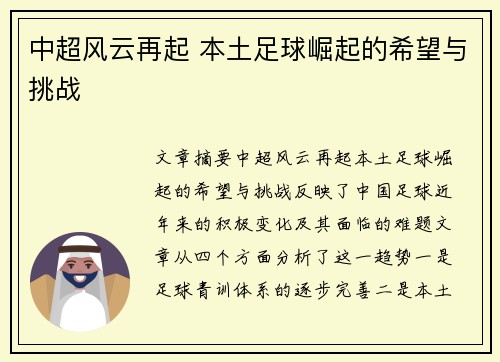 中超风云再起 本土足球崛起的希望与挑战